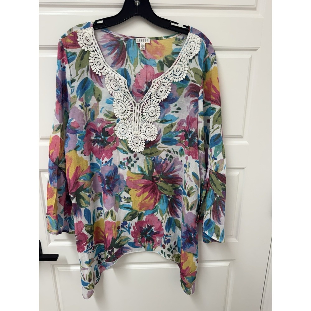 Spense Womens XL Tunic Blouse Floral Embroidered Lace Trim V-Neck Multicolor